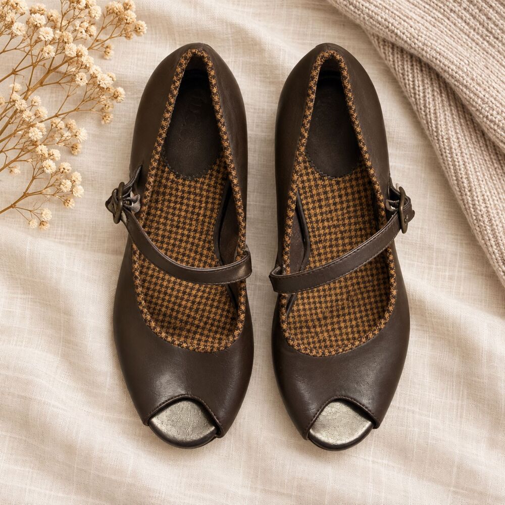 Y2K Mudd Brown Houndstooth Peep Toe Mary Jane Heels 8.5M